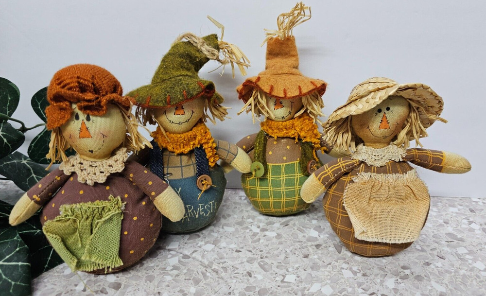 Set of 4 Primitive Rustic Fabric Aged HALLOWEEN AUTUMN SCARECROW'S 6"